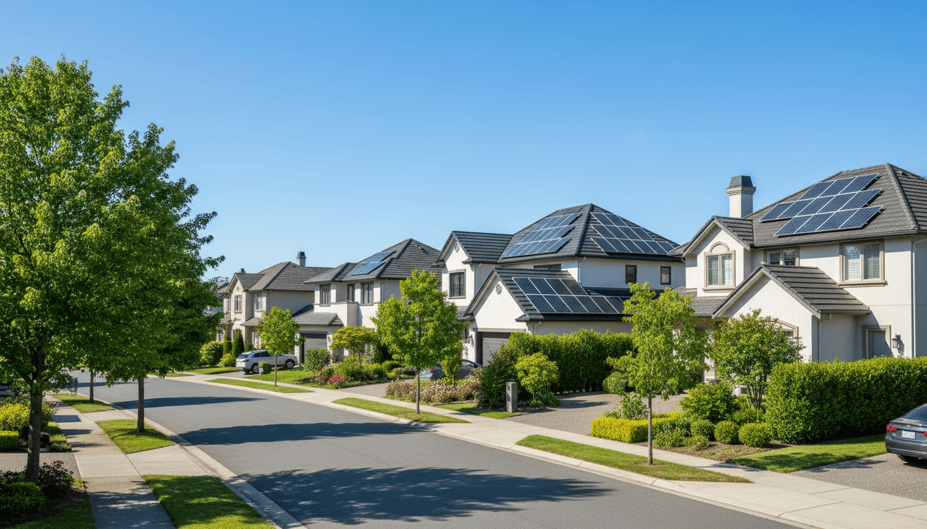 Suburban neighborhood street with multiple homes featuring rooftop solar panel installations under blue sky