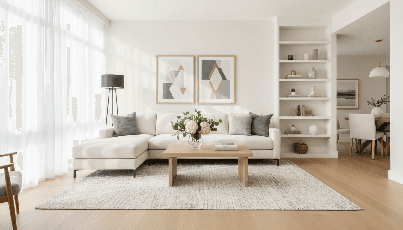 Bright, modern living room in furnished corporate rental home with neutral furniture and natural morning light
