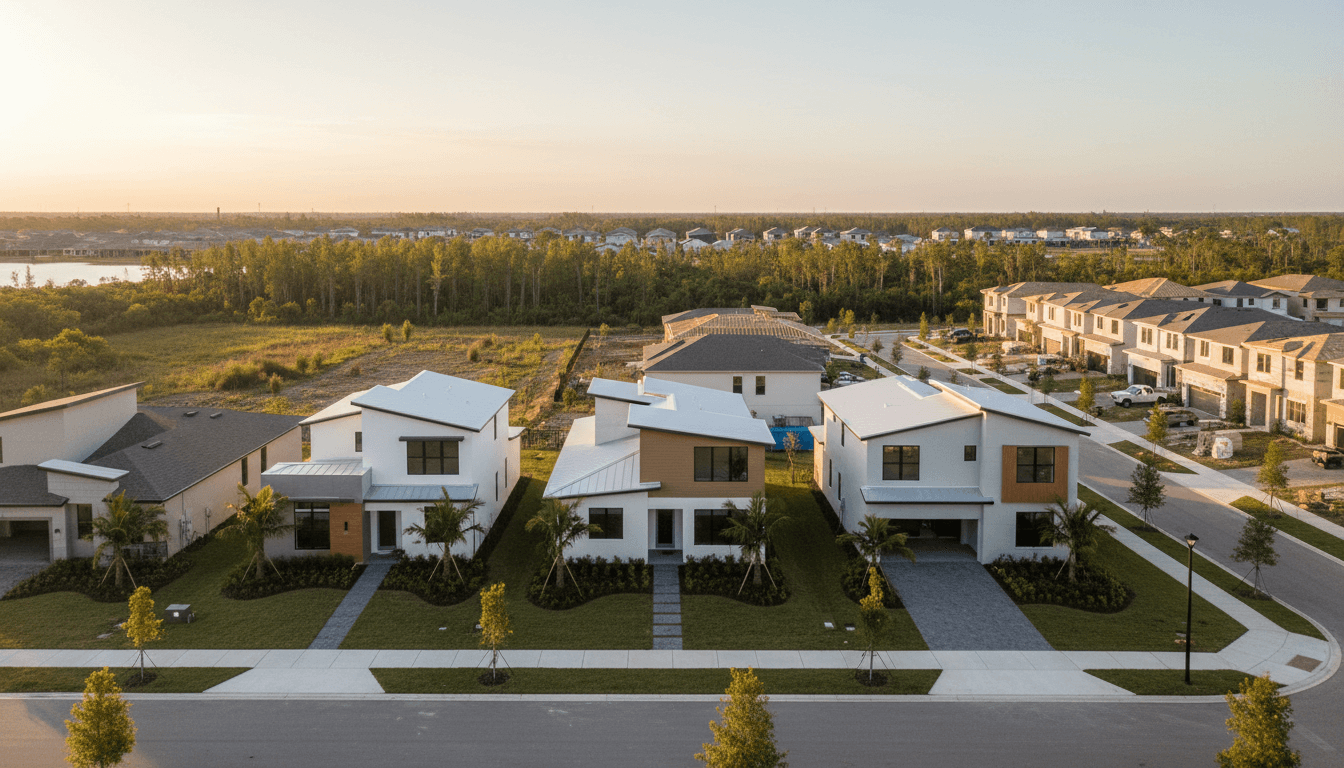 Wide view of new residential development community with contemporary homes, completed and under construction, during golden hour lighting