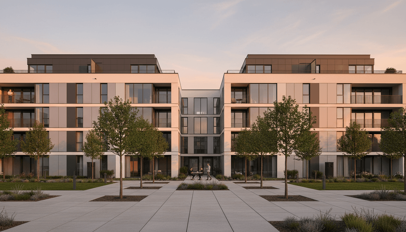 Modern residential apartment building with glass windows and clean architecture photographed during golden hour sunset