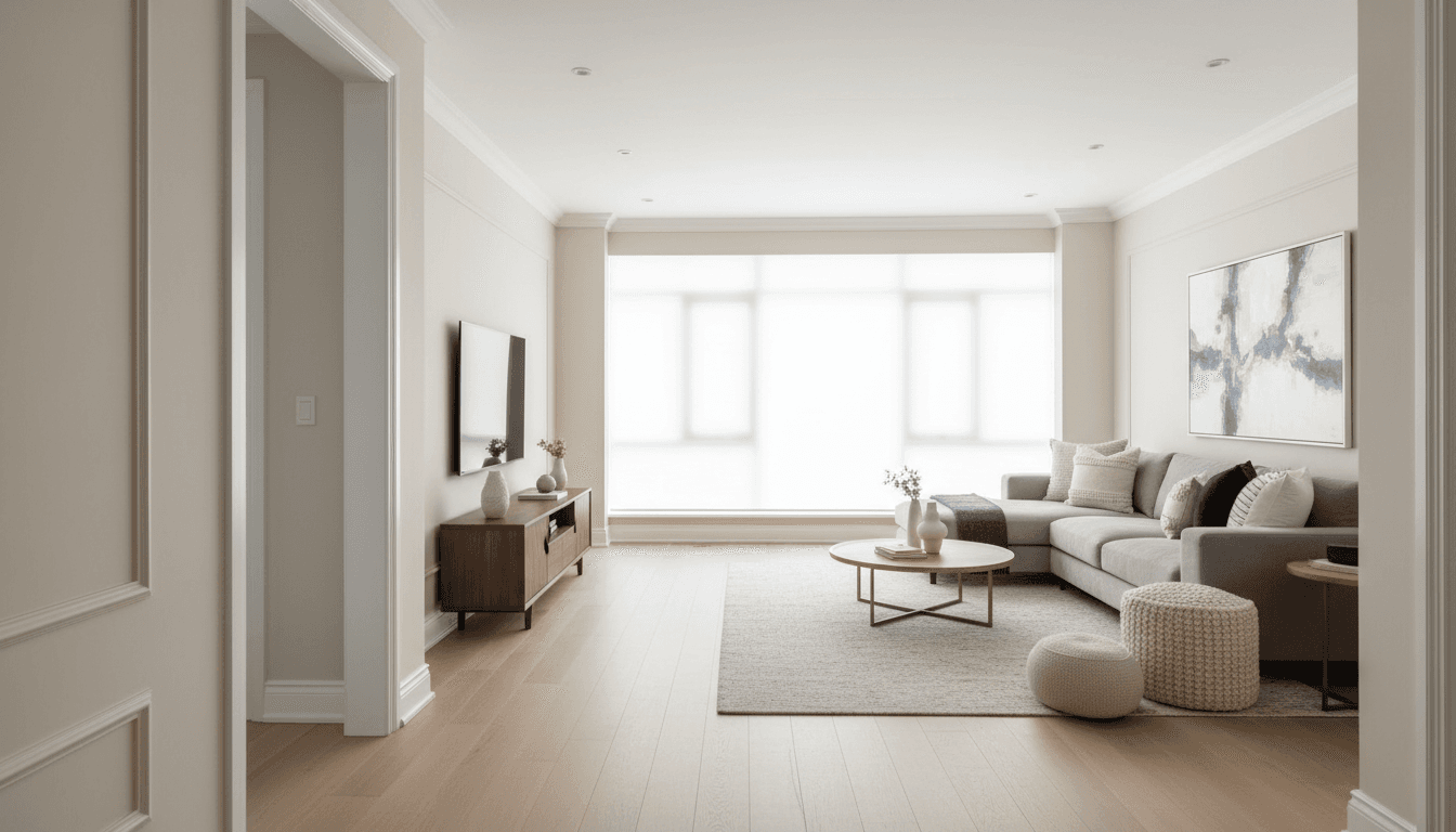 Bright modern home interior with open-concept living space, light flooring, and large windows flooding the room with natural light